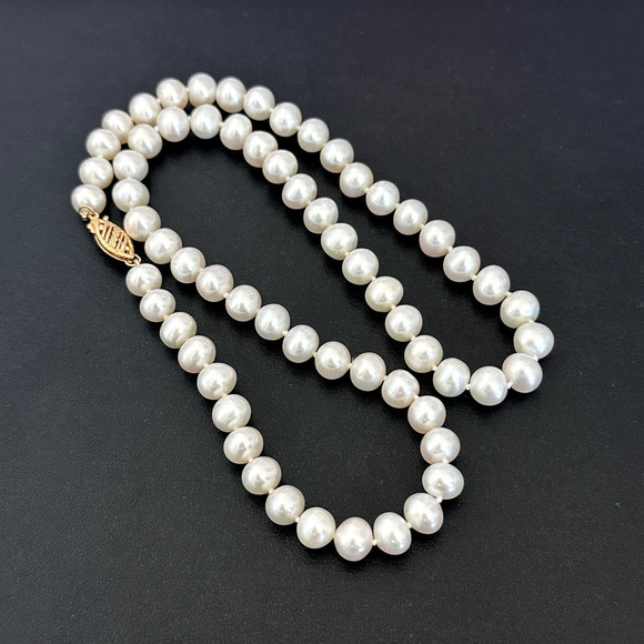 14K Yellow Gold Genuine Real 7MM Cream Pearls Hand Knotted Strand Necklace 18" - Picture 7 of 14